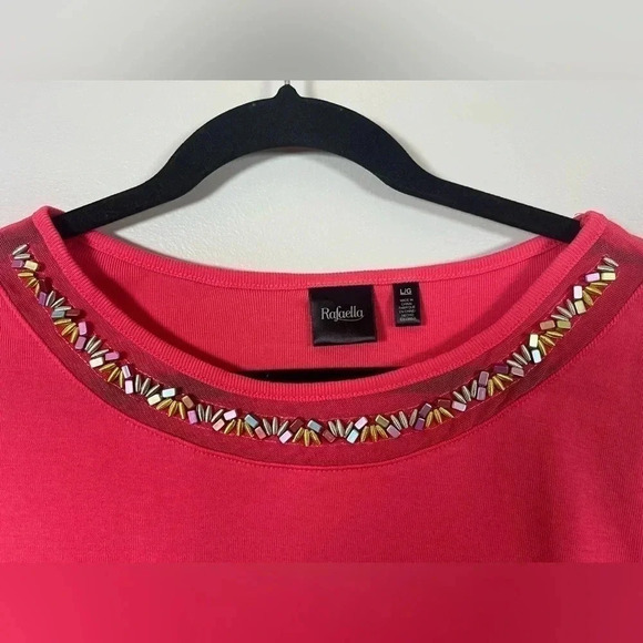 Rafaella coral short sleeve top with beaded and mesh collar Size L - Picture 3 of 5